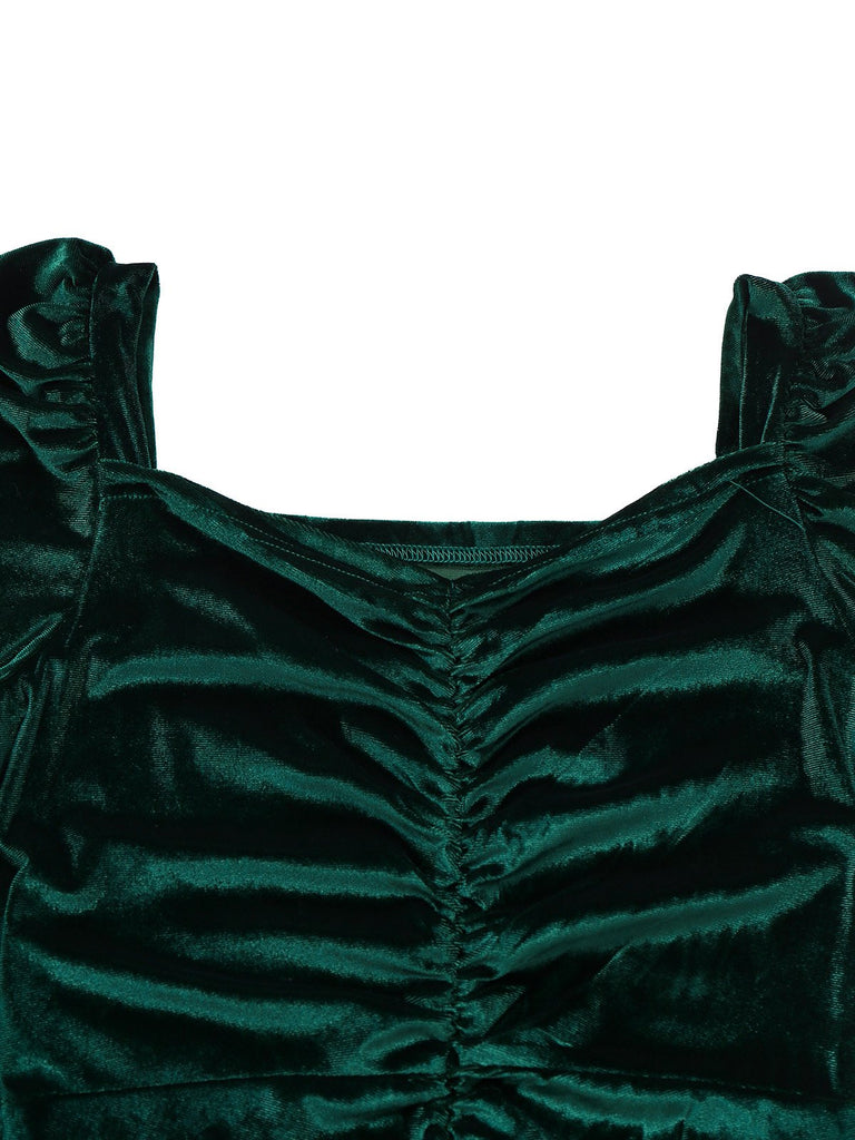 Grün 1960er Samt Gerüschtes Langarm Enges Kleid