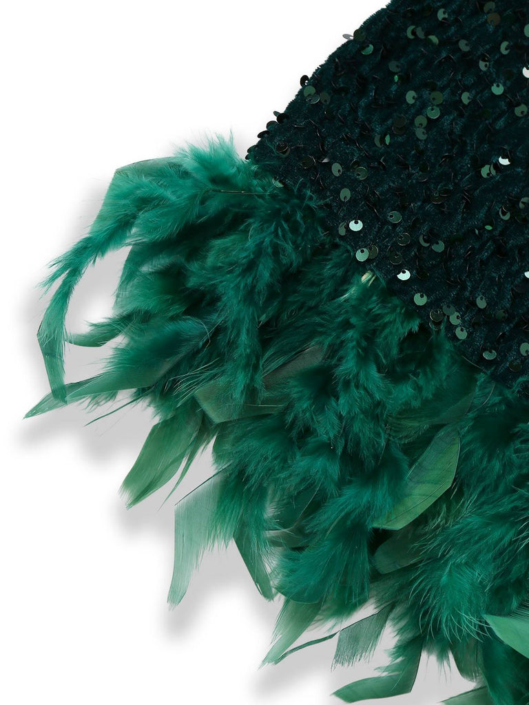 Grün 1960er Schulterfrei Pailletten Feder Enges Kleid