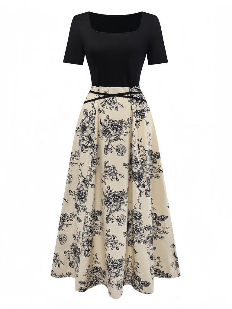 [Vorverkauf] Khaki 1970er Gestricktes Quadratischer Hals Blumen Kleid