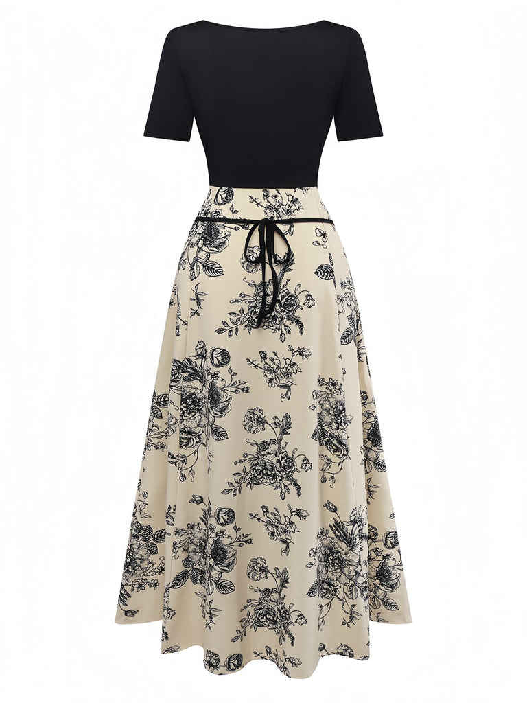 [Vorverkauf] Khaki 1970er Gestricktes Quadratischer Hals Blumen Kleid