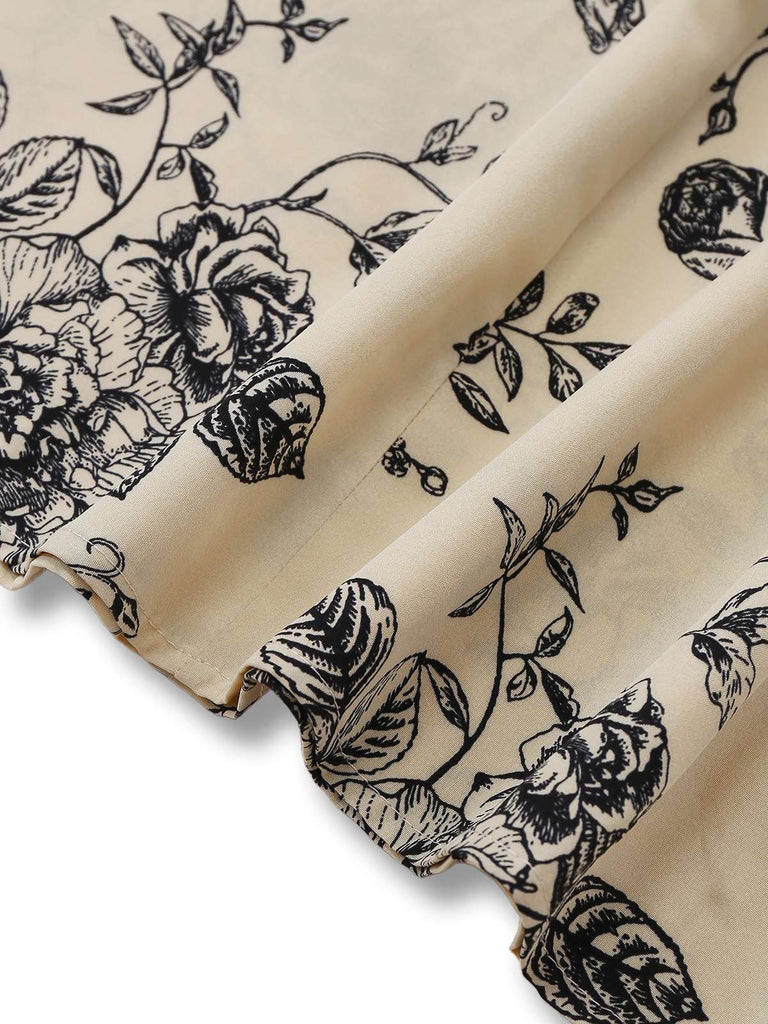 [Vorverkauf] Khaki 1970er Gestricktes Quadratischer Hals Blumen Kleid