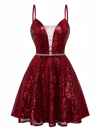 Weinrot 1950er Pailletten Tief-V Netz Kleid