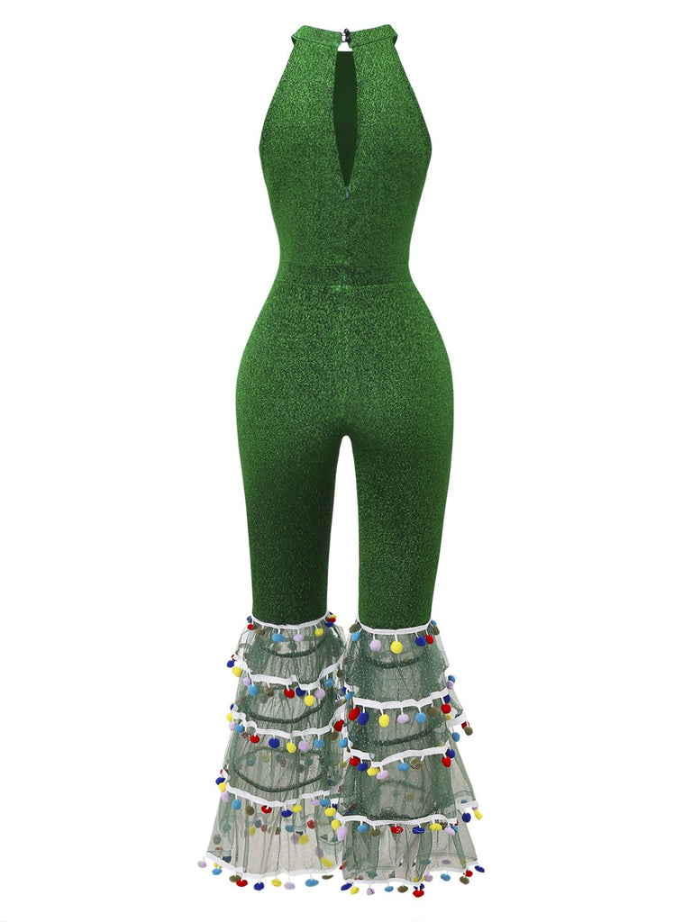 Grün 1980er Solide Glitzernd Verspotten Netz Jumpsuit