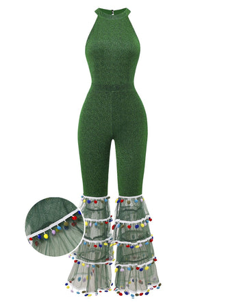 Grün 1980er Solide Glitzernd Verspotten Netz Jumpsuit