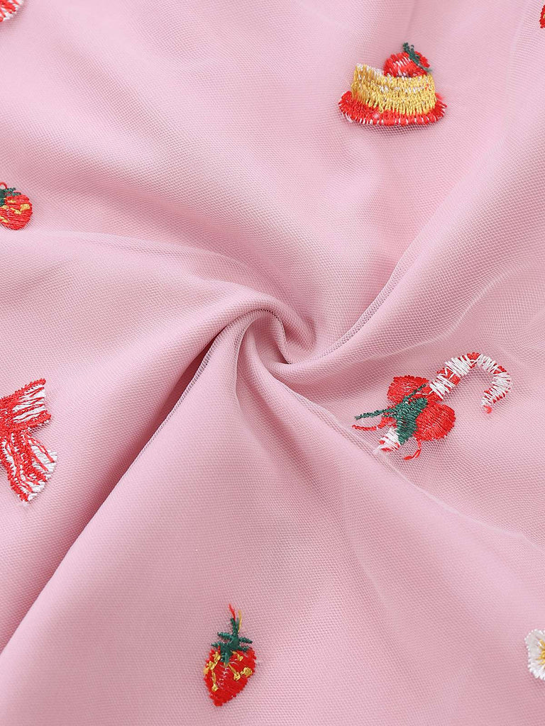 Rosa 1950er Weihnachten Pelzig Trägerlos Pailletten Netz Kleid