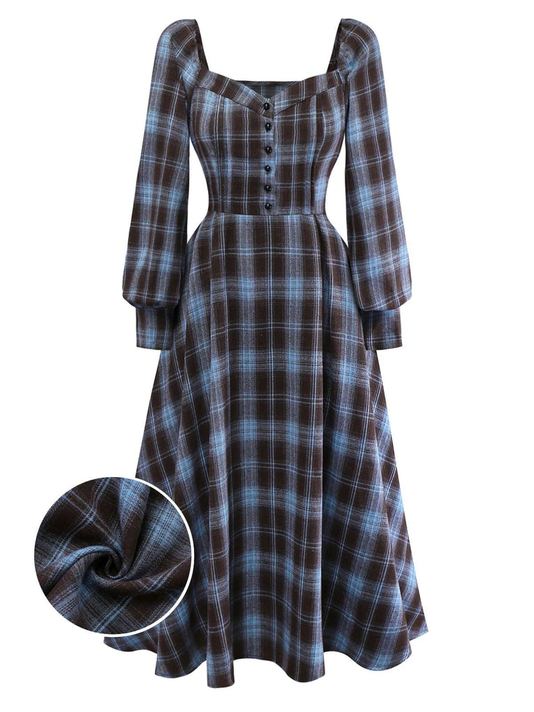 [Vorverkauf] Blau Grau 1940er Karo Herzförmiger Hals Gebürstet Kleid