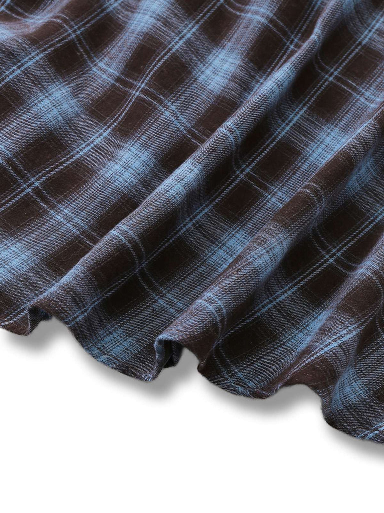[Vorverkauf] Blau Grau 1940er Karo Herzförmiger Hals Gebürstet Kleid