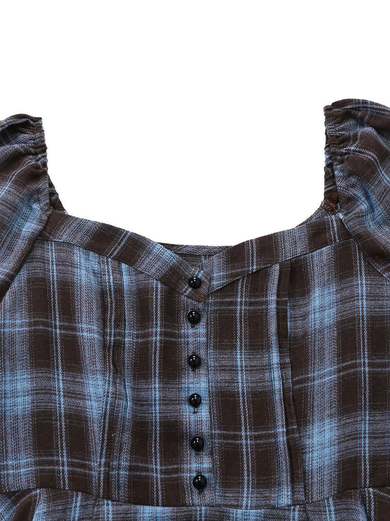 [Vorverkauf] Blau Grau 1940er Karo Herzförmiger Hals Gebürstet Kleid