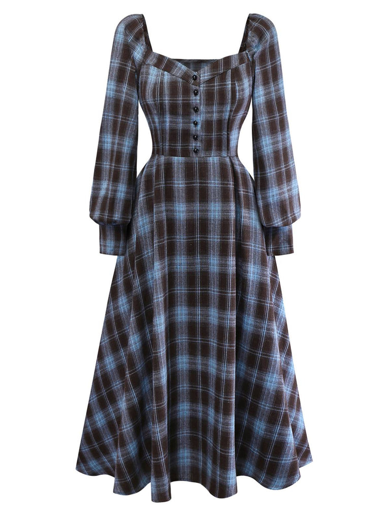 [Vorverkauf] Blau Grau 1940er Karo Herzförmiger Hals Gebürstet Kleid