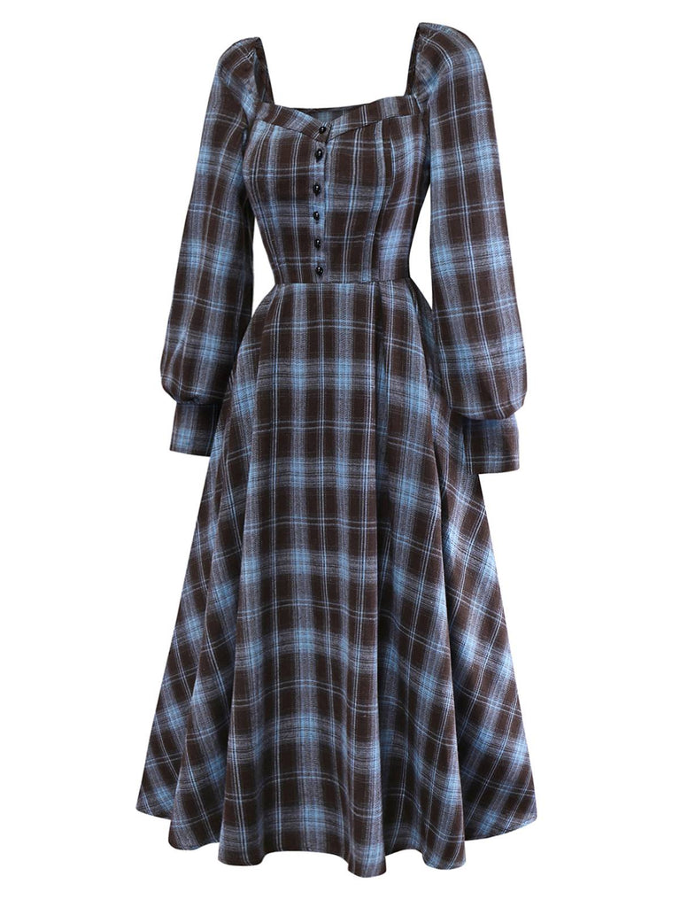 [Vorverkauf] Blau Grau 1940er Karo Herzförmiger Hals Gebürstet Kleid