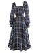 [Vorverkauf] Blau Grau 1940er Karo Herzförmiger Hals Gebürstet Kleid