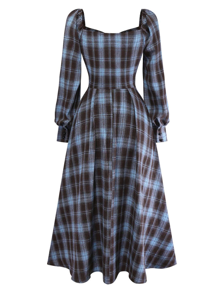 [Vorverkauf] Blau Grau 1940er Karo Herzförmiger Hals Gebürstet Kleid