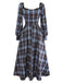 [Vorverkauf] Blau Grau 1940er Karo Herzförmiger Hals Gebürstet Kleid