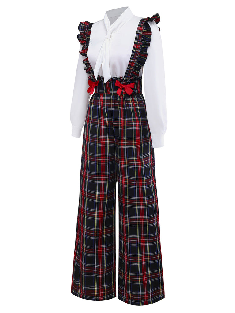2PCS Weiß & Schwarz 1940er Bluse & Tartan Latzhose