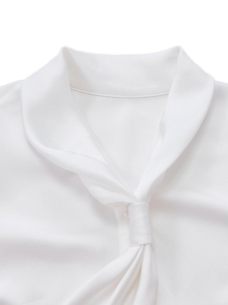 Weiß 1940er Solide Bindekragen Satin Bluse