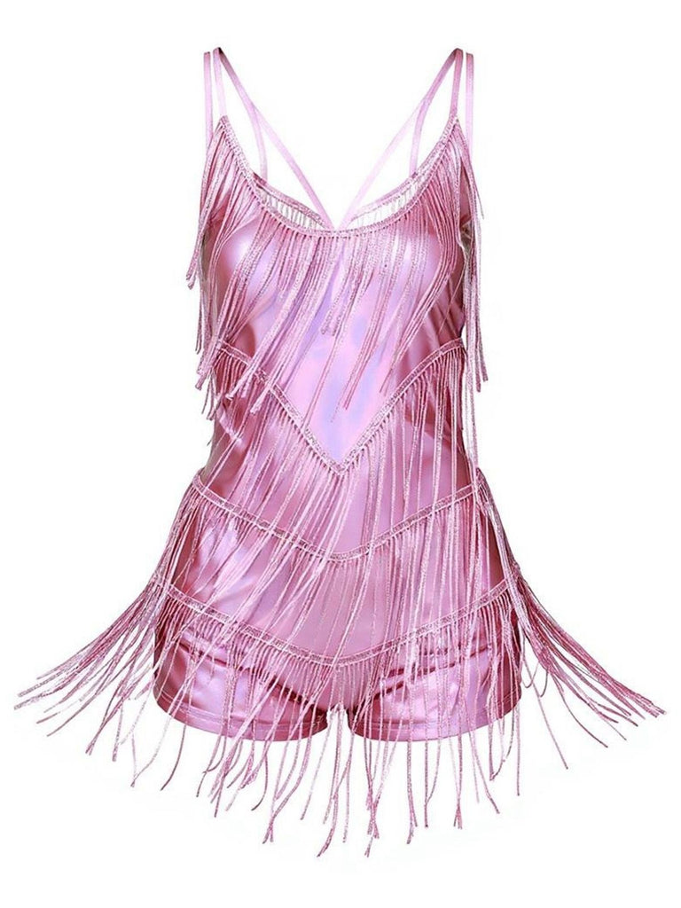 1960er Fringe Solide Rückenfrei Evening Romper