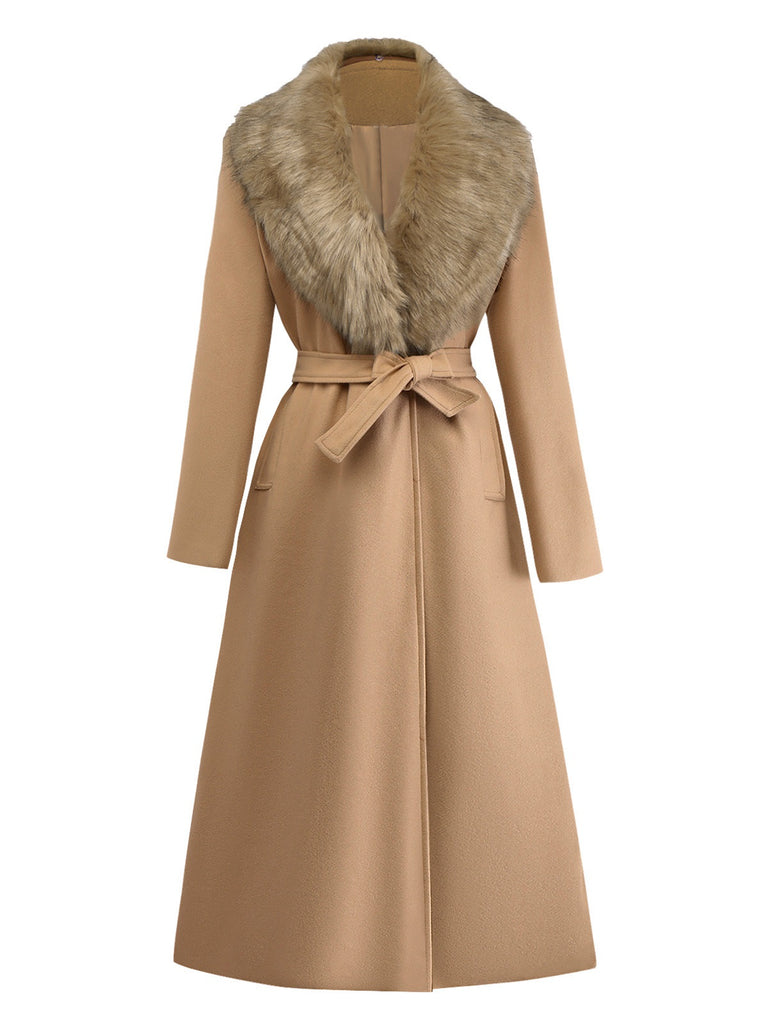 Khaki 1920er Solide Pelzkragen Gürtel Mantel