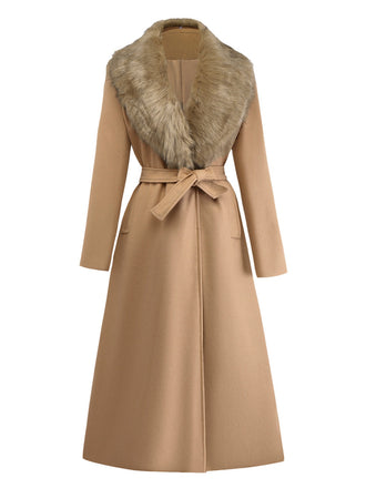 Khaki 1920er Solide Pelzkragen Gürtel Mantel