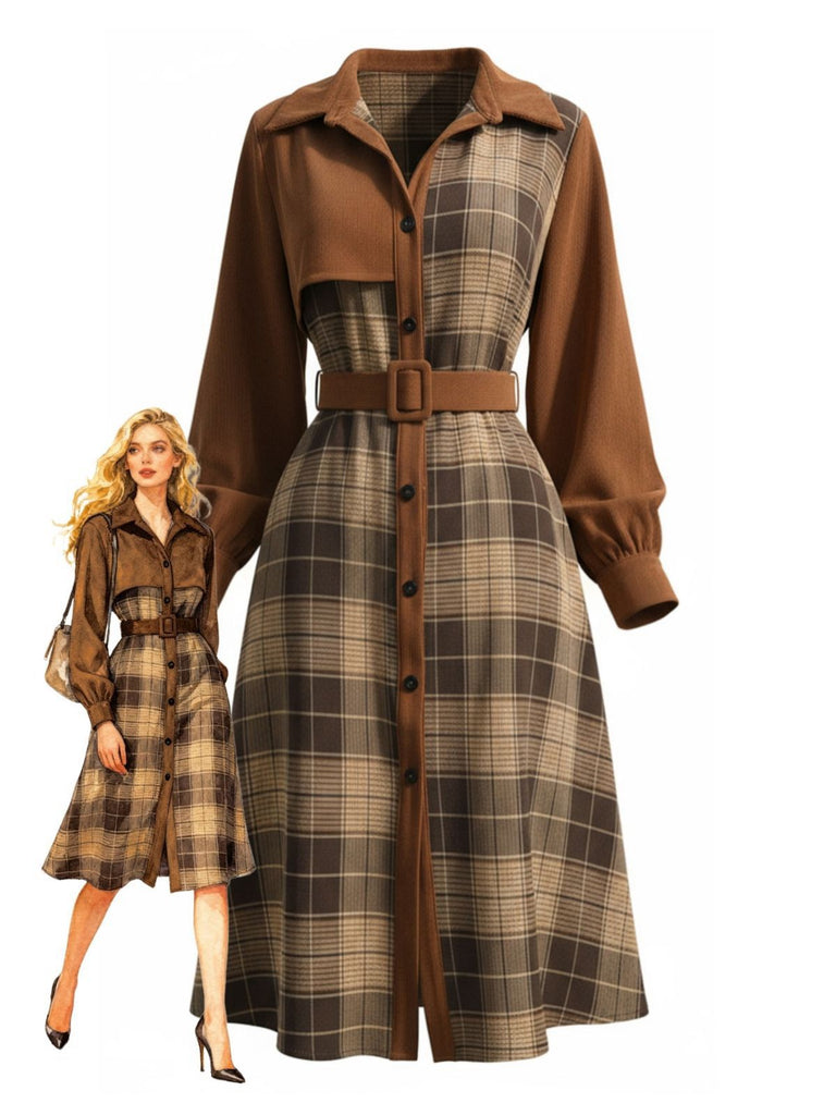 Braun 1950er Plaid Cord Hemdkragen Kleid