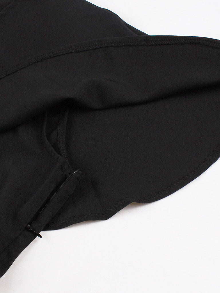 Schwarz 1950er V-Ausschnitt Cape-Kragen Gürtel Kleid