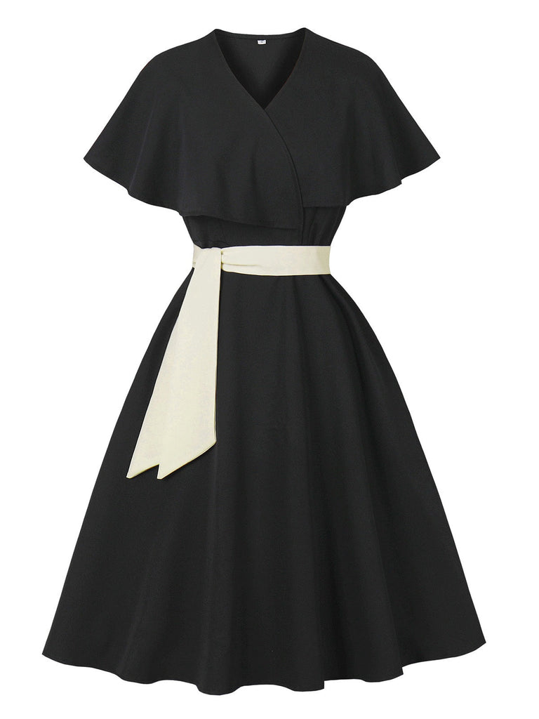 Schwarz 1950er V-Ausschnitt Cape-Kragen Gürtel Kleid