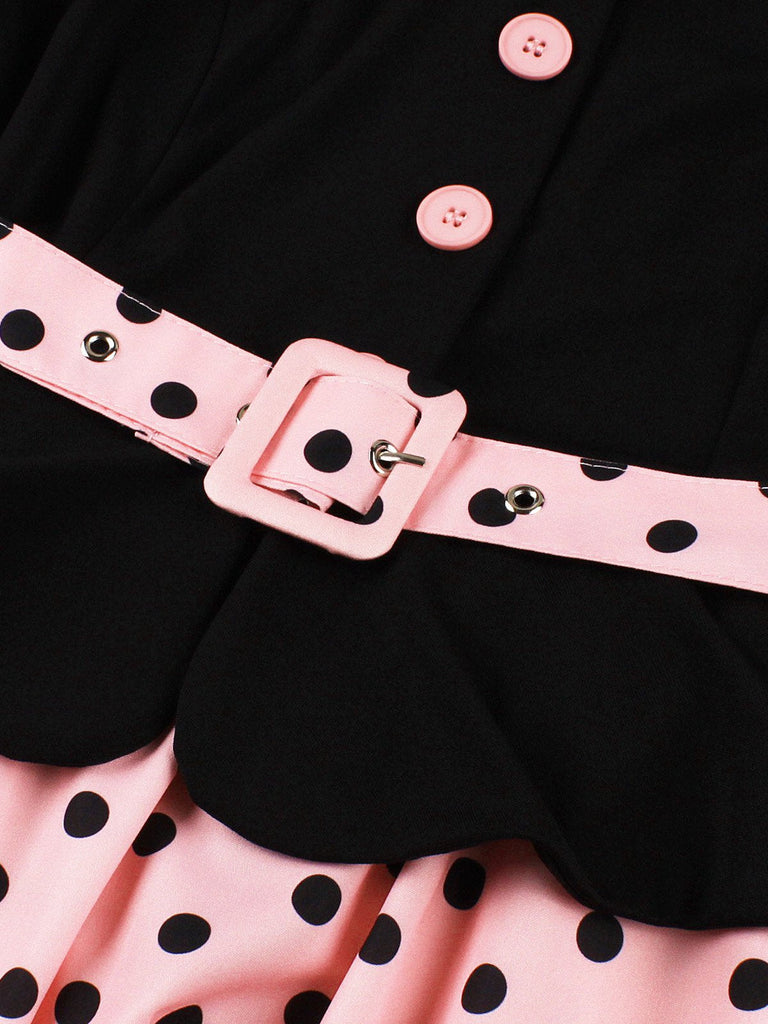 1950er Revers Polka Dot Patchwork Swing Gürtel Kleid