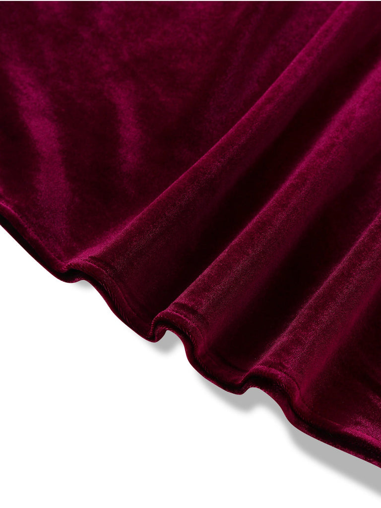 Rot 1950er Samt Rüschenkragen Laternenärmel Kleid