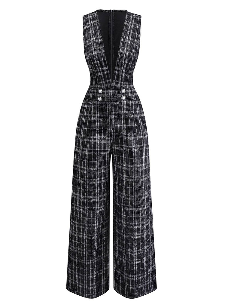 [Vorverkauf] Schwarz 1940er Baumwolle Plaid Tief-V-Ausschnitt Overall Jumpsuit