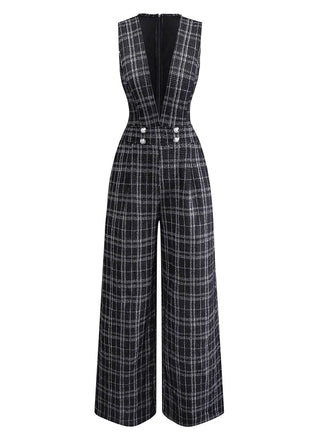 [Vorverkauf] Schwarz 1940er Baumwolle Plaid Tief-V-Ausschnitt Overall Jumpsuit