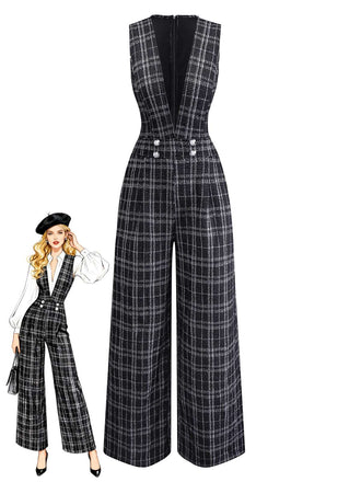 [Vorverkauf] Schwarz 1940er Baumwolle Plaid Tief-V-Ausschnitt Overall Jumpsuit