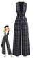 [Vorverkauf] Schwarz 1940er Baumwolle Plaid Tief-V-Ausschnitt Overall Jumpsuit