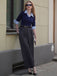 Blau & Grau 1940er Stricken Farbblock 3/4 Ärmel Shirt Jumpsuit