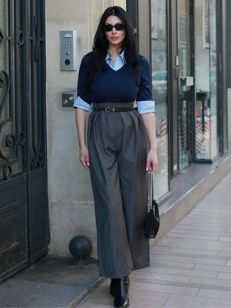 Blau & Grau 1940er Stricken Farbblock 3/4 Ärmel Shirt Jumpsuit