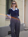 Blau & Grau 1940er Stricken Farbblock 3/4 Ärmel Shirt Jumpsuit