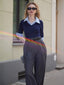 Blau & Grau 1940er Stricken Farbblock 3/4 Ärmel Shirt Jumpsuit