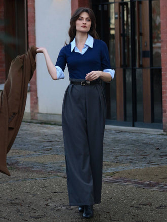 Blau & Grau 1940er Stricken Farbblock 3/4 Ärmel Shirt Jumpsuit