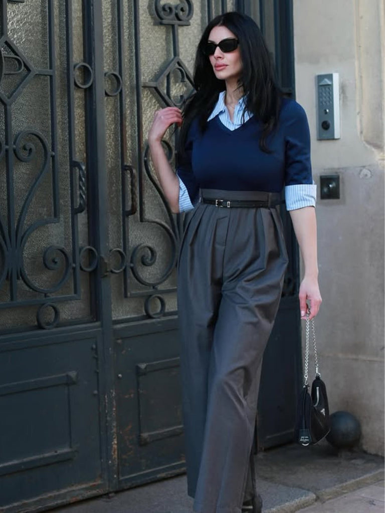 Blau & Grau 1940er Stricken Farbblock 3/4 Ärmel Shirt Jumpsuit