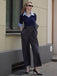 Blau & Grau 1940er Stricken Farbblock 3/4 Ärmel Shirt Jumpsuit