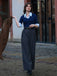 Blau & Grau 1940er Stricken Farbblock 3/4 Ärmel Shirt Jumpsuit