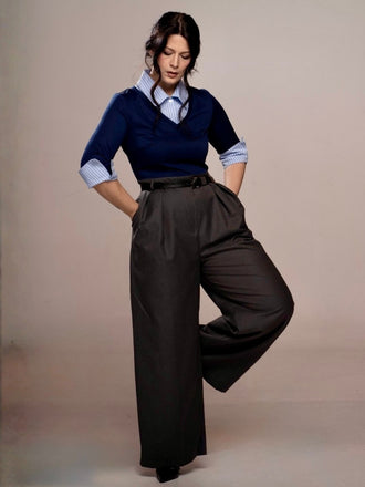 Blau & Grau 1940er Stricken Farbblock 3/4 Ärmel Shirt Jumpsuit