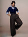 Blau & Grau 1940er Stricken Farbblock 3/4 Ärmel Shirt Jumpsuit