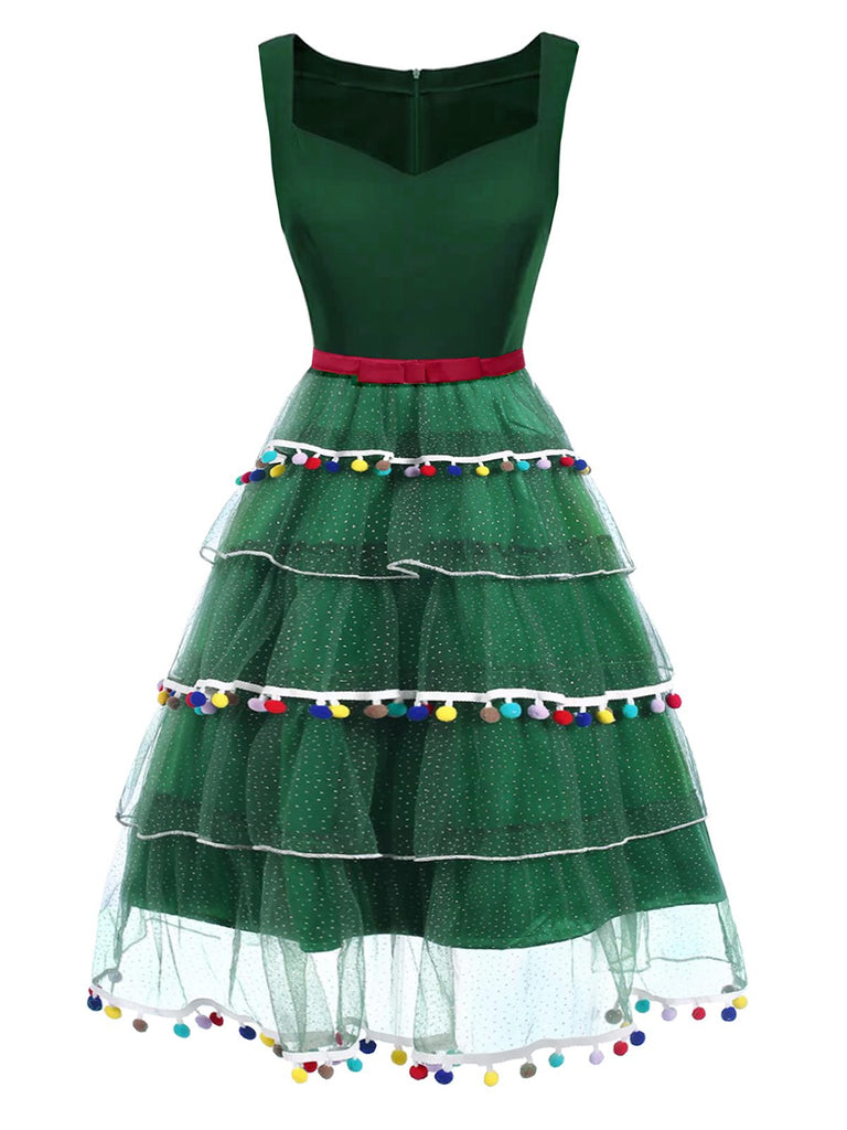 Grün 1950er Weihnachtsbaum Bogen Netz Puffy Kleid