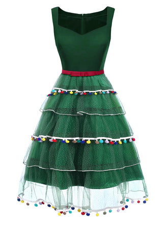 Grün 1950er Weihnachtsbaum Bogen Netz Puffy Kleid