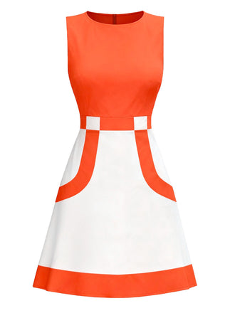 [Vorverkauf] Orange & Weiß 1960er Farbblock Ärmelloses Mod Kleid