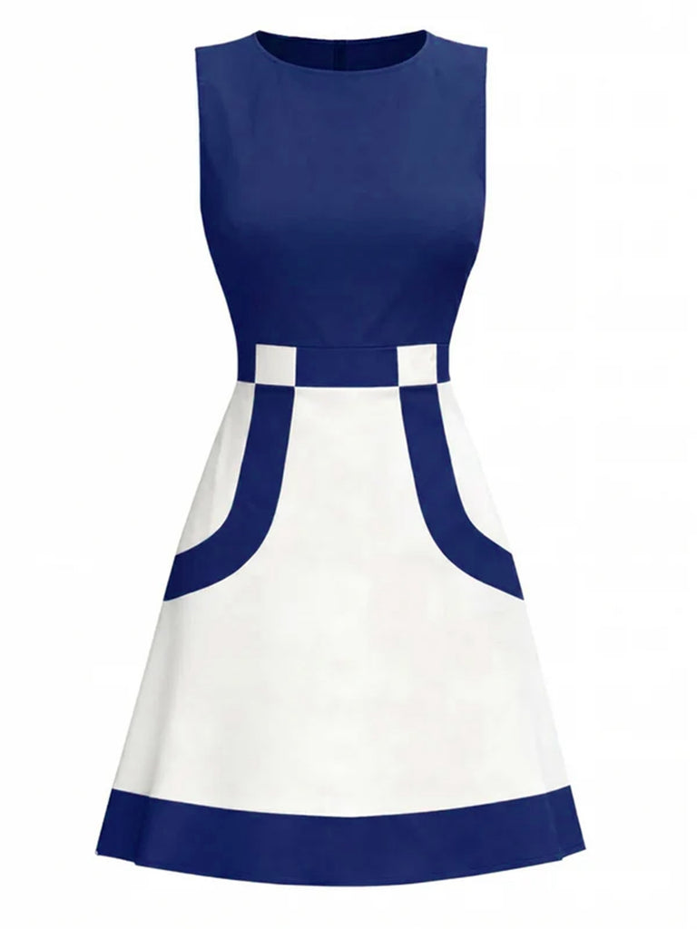 [Vorverkauf] Blaues & Weißes 60er ärmelloses Mod-Kleid mit Farbblock