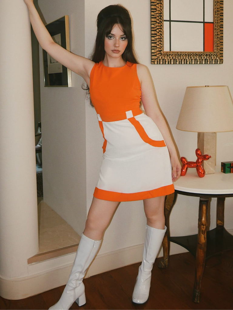 Orange & Weiß 1960er Farbblock Ärmelloses Mod Kleid