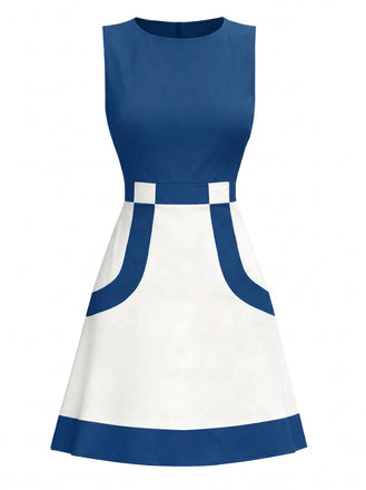 Weißes & Blaues 60er Ärmelloses Kleid mit Farbblock und Mod