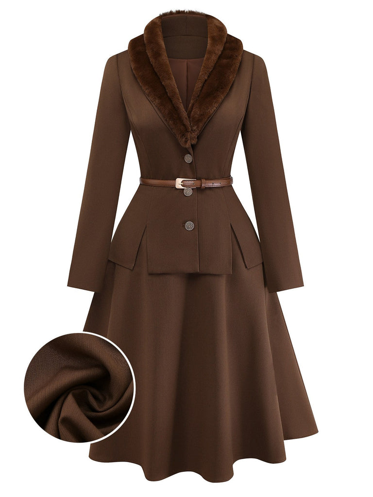 [Vorverkauf] 2PCS Braun 1940er Doppel Kunstpelz Kragen Jacke & A-Linien Rock