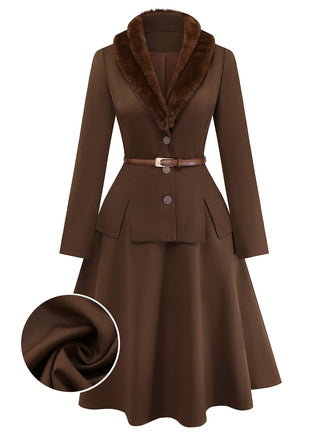 [Vorverkauf] 2PCS Braun 1940er Doppel Kunstpelz Kragen Jacke & A-Linien Rock