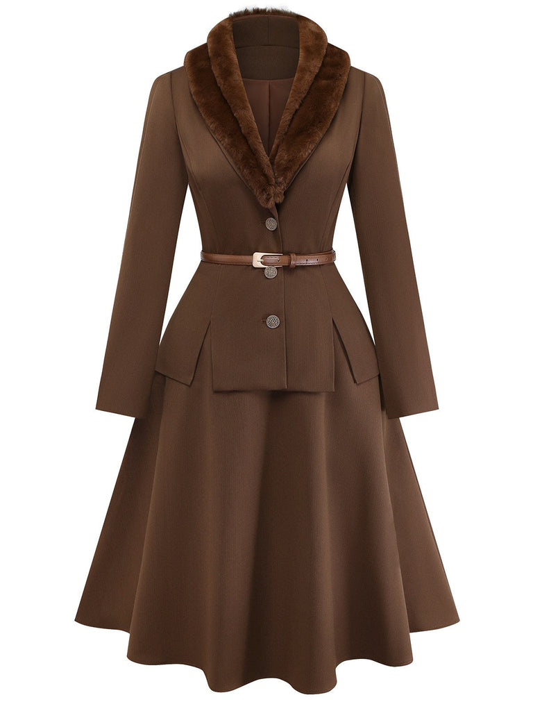 [Vorverkauf] 2PCS Braun 1940er Doppel Kunstpelz Kragen Jacke & A-Linien Rock